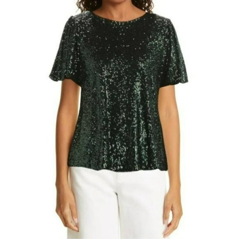 NWT Hilary Radley Women's Flutter Sleave Keyhole Back Sequin Blouse Top